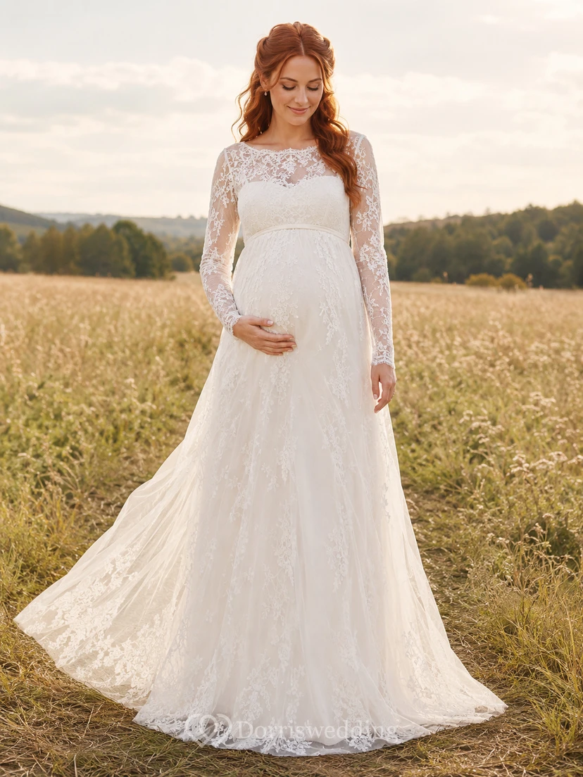 Robe de mariée de maternité, col carré, manches longues, dentelle et tulle, style champêtre avec traîne.