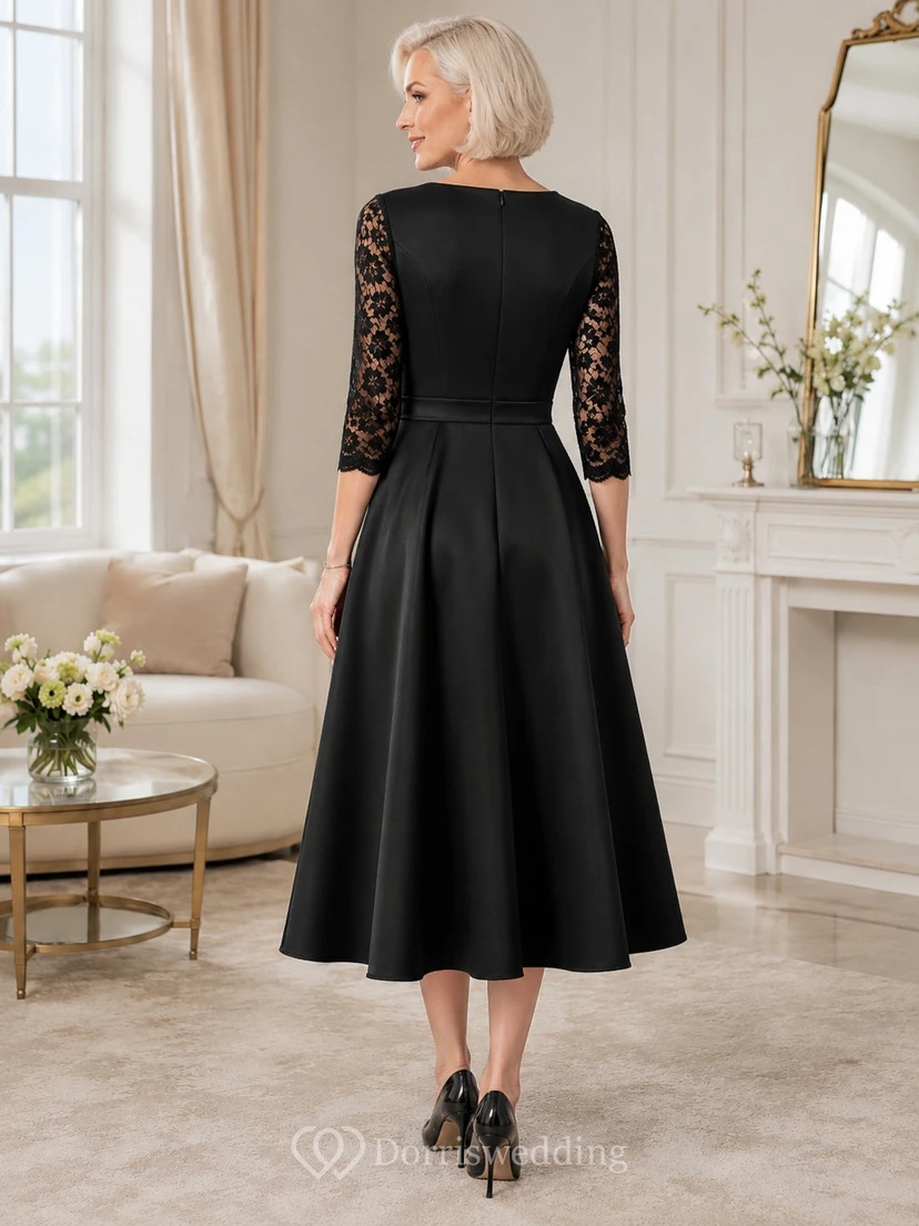 Black Jewel Neck Lace Sleeve Satin A-Line Tea Length Formal Dress view 2
