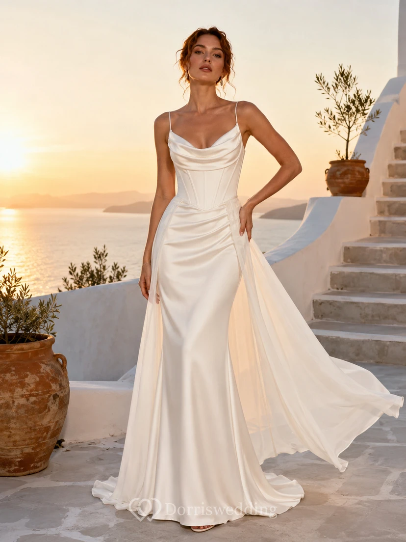 Robe de mariée sexy à bretelles fines en satin et mousseline, jupe fourreau, idéale pour un mariage à destination.