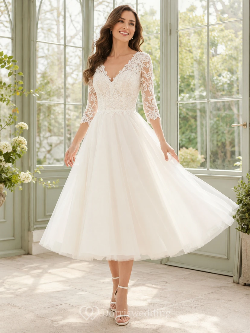 Romantic Deep V Three Quarter Lace Sleeve Tulle A Line Courthouse Wedding Dress