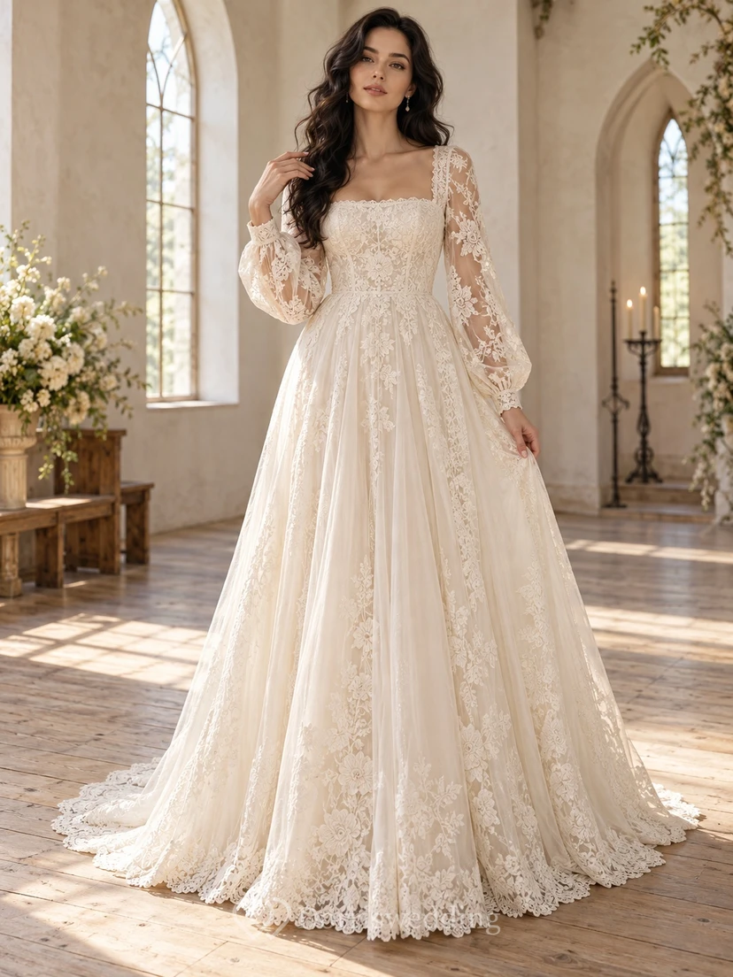 Square Neck Long Sleeve Floral Lace A-line Train Wedding Dress