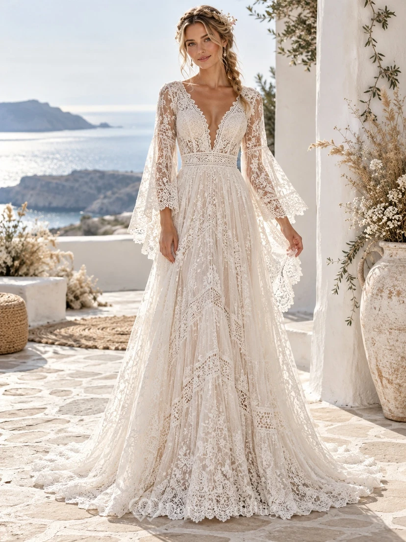 Boho Plunge V-neck Bell Sleeve Paneled Lace Wedding Dress
