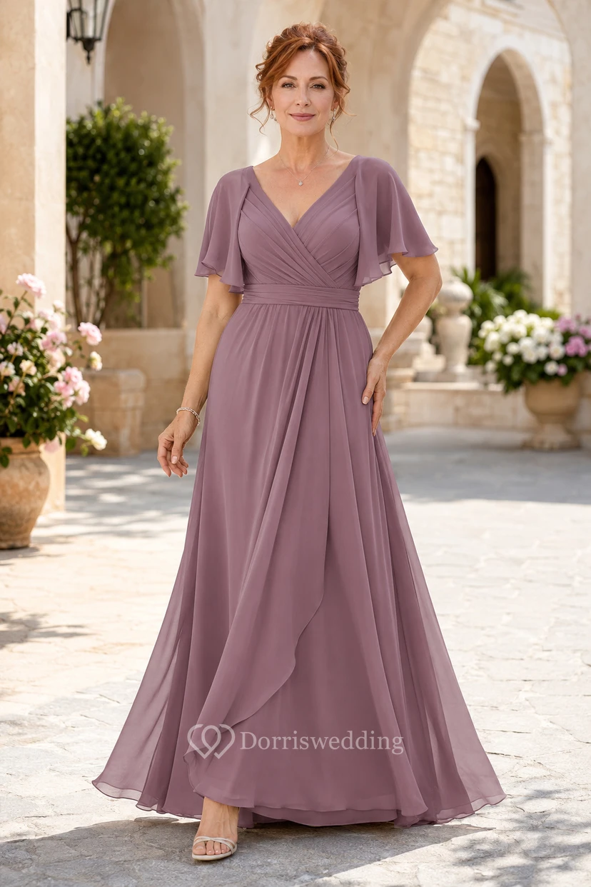 Dusty Rose V-Neck Chiffon A-Line Mother Dress