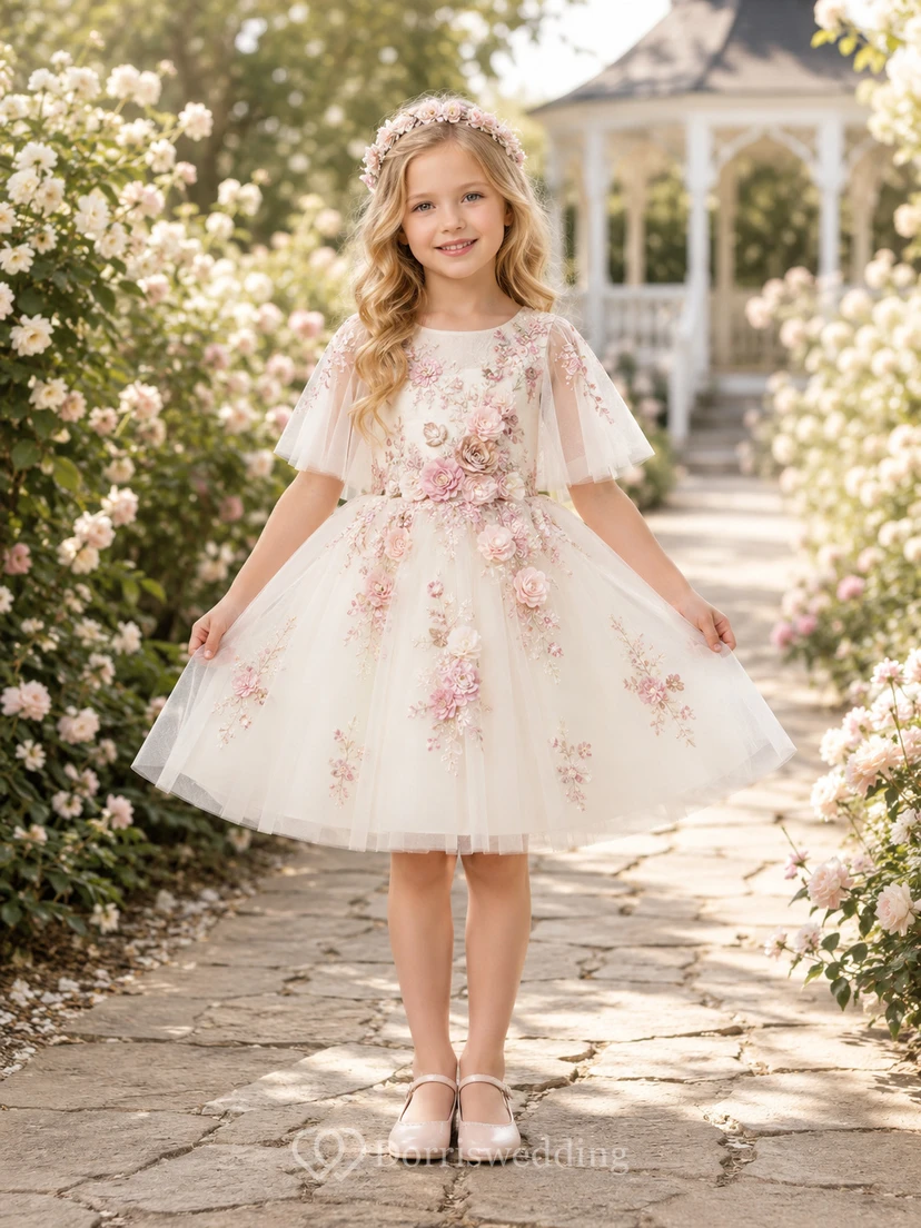 Romantisches Blumenmädchenkleid mit floralem Muster, drapierten Blütenblattärmeln, A-Linien-Rock aus Tüll, Applikationen und Teelänge