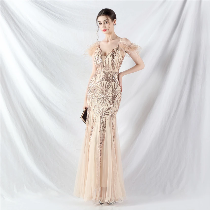 9-farbiges, handgefertigtes Abendkleid aus Kamelfedern, Netzstoff und Pailletten, sexy Trägern view 25