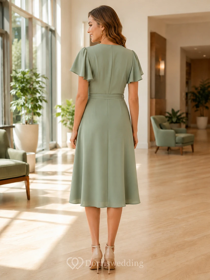 Sage Flutter Sleeve V Neck Wrap Community Center Midi Dress view 2