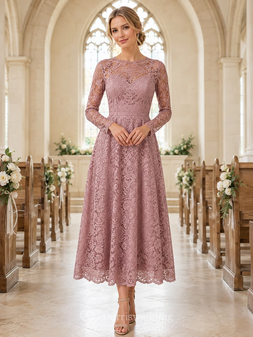 Robe trapèze mauve à manches longues et col rond en dentelle, longueur thé