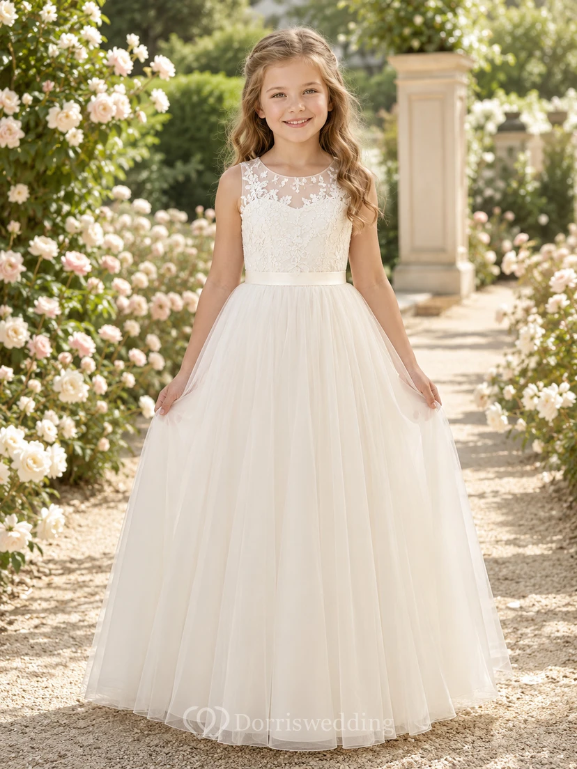 Lace Bodice Tulle A-Line Flower Girl Dress with Short Sleeves, Jewel Neck and Tea-Length Skirt
