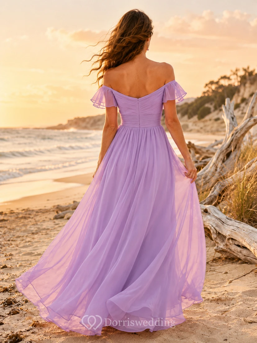 Lavender Off Shoulder Tulle Flowing Beach Formal Gown view 2