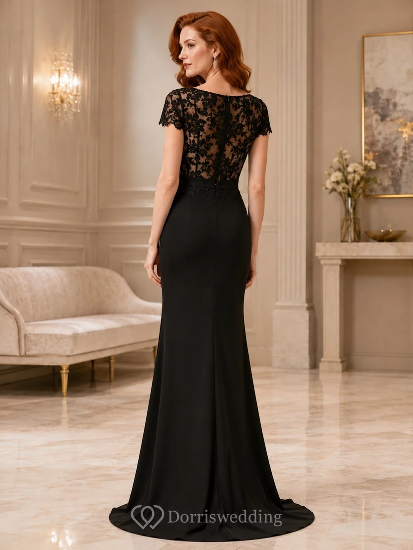 Black Floral Lace Short Sleeve Sheath Floor-length Elegant Evening Dress view 2