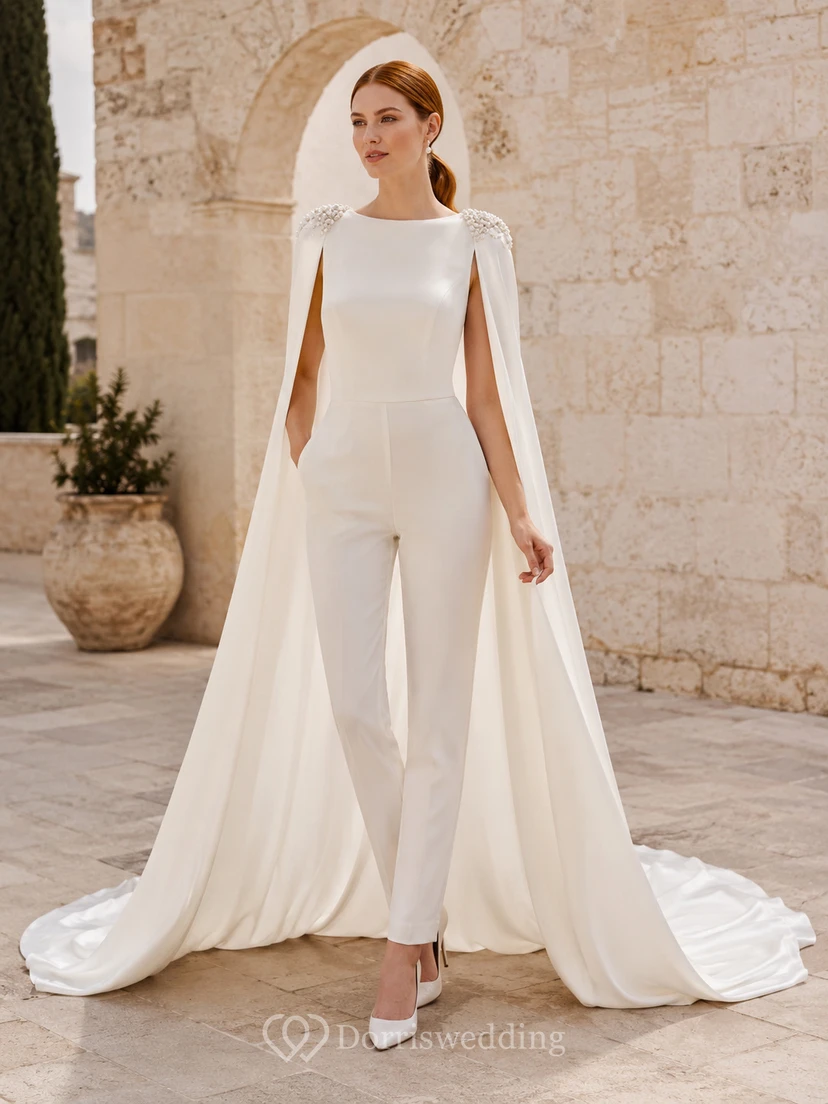 Minimalist Satin Chiffon Wedding Jumpsuit Bateau Neck Sleeveless Sweep Train