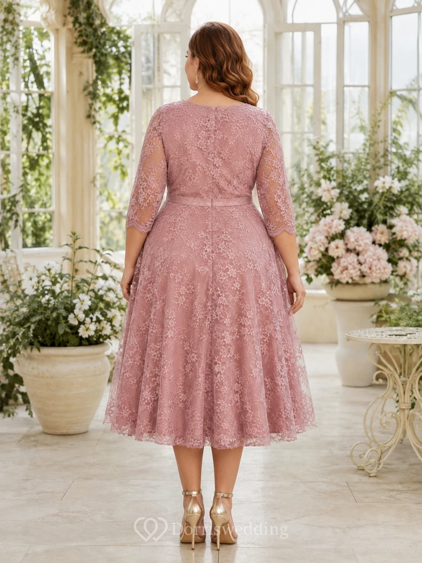 Plus Size Teelänge, dezentes Dreiviertelärmel-Spitzenkleid in A-Linie view 2