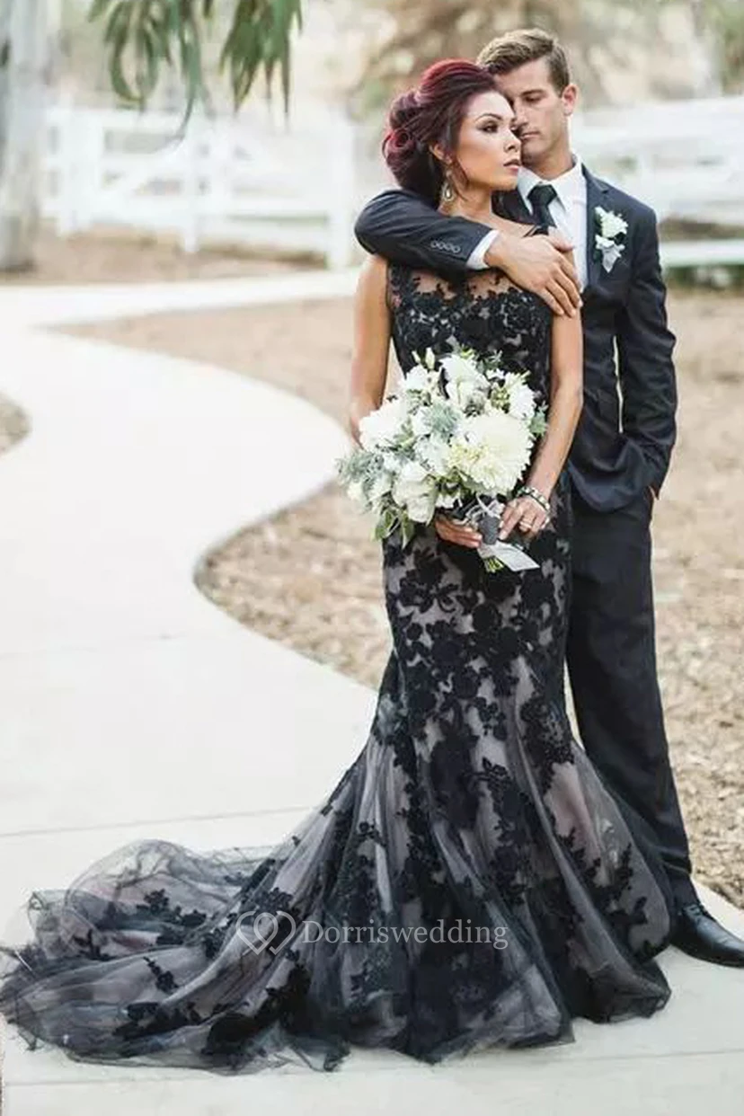 Robe de mariée vintage sirène en dentelle, sans manches, longue et à traîne, style bateau