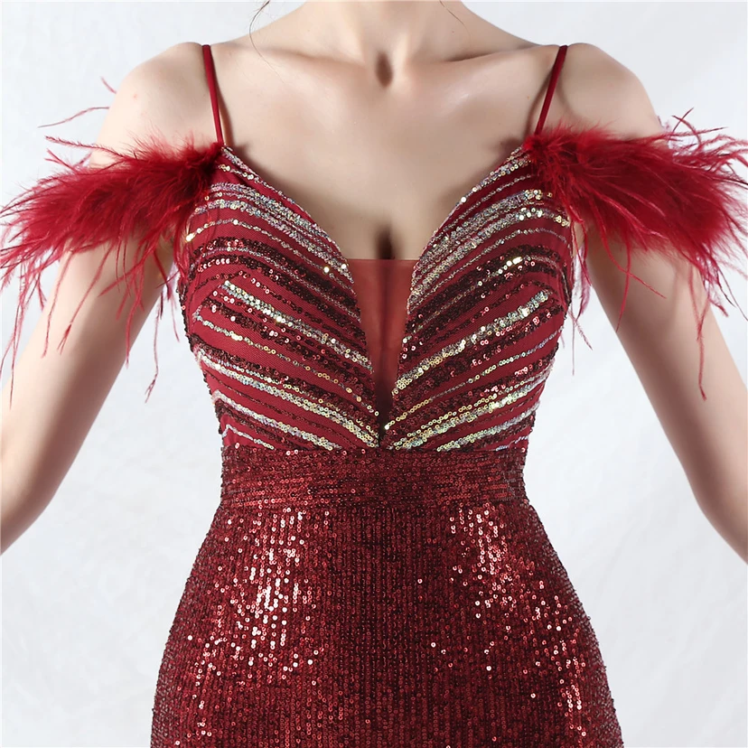 Elegantes Abendkleid mit Straußenfedern und Perlen, sexy, lang, mit Trägern und Schlitz view 47