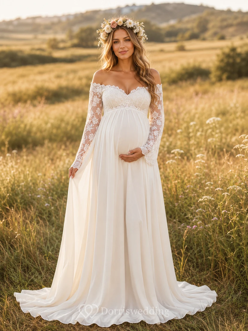 Maternity Wedding Dress Off Shoulder Long Lace Sleeve A-Line Gown with Train