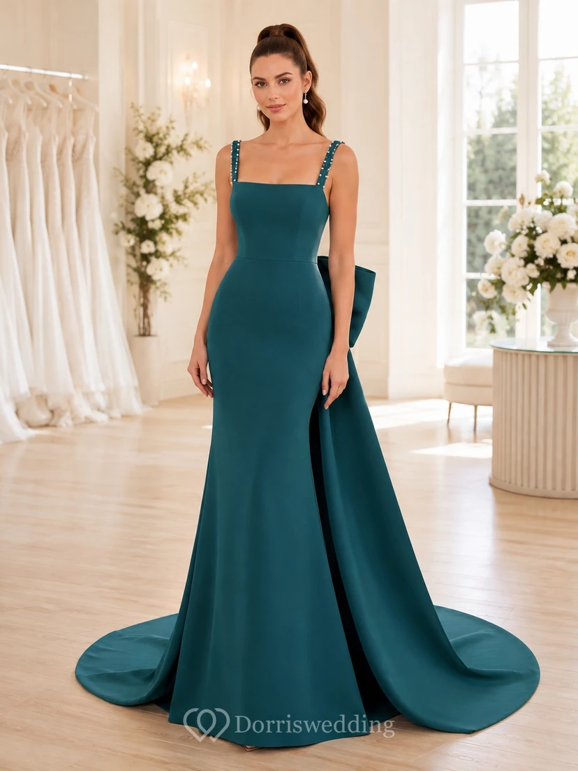 Dunkelgrünes, türkisfarbenes Brautkleid mit eckigem Ausschnitt, Schleife und Satin-Etui-Kleid mit Kapellenschleppe