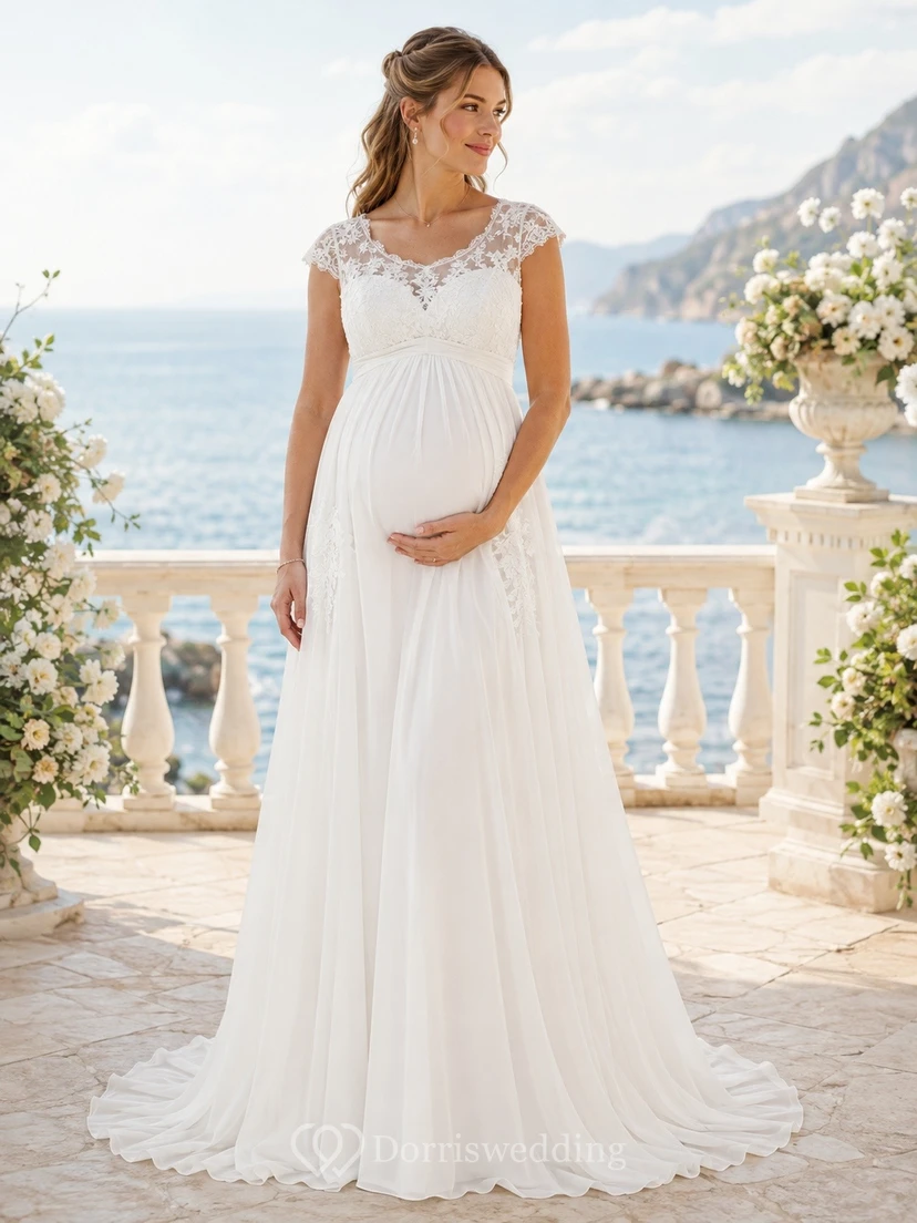 Vestido de novia de encaje estilo barco, corte imperio, para playa, estilo modesto, estilo Imperio.