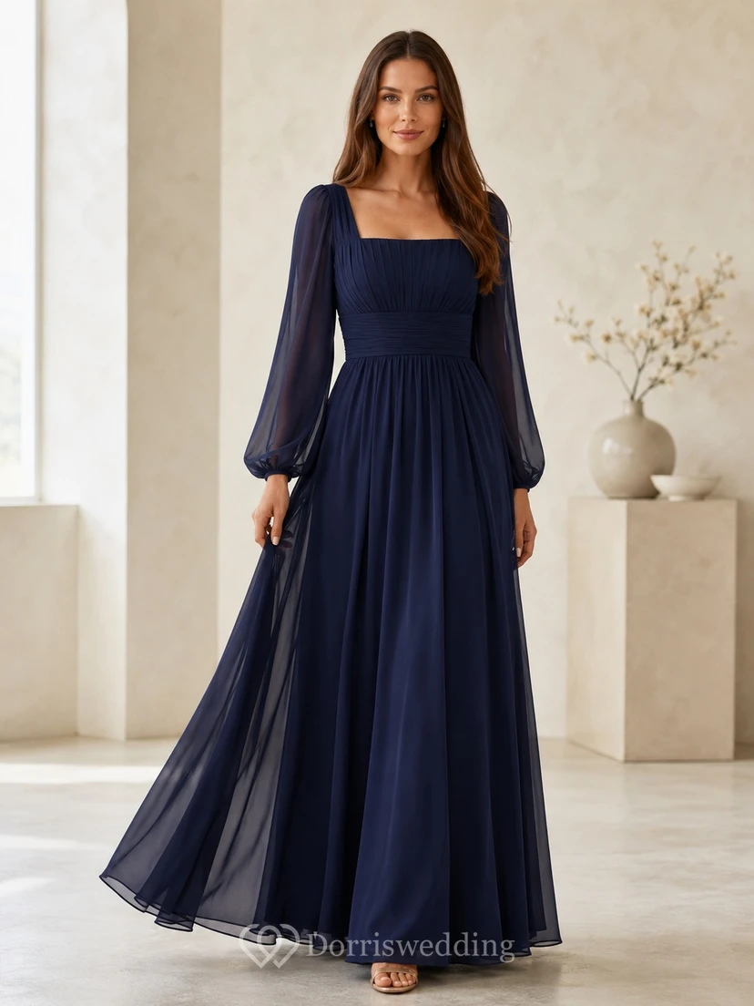 Modest Dark Navy Long Balloon Sleeve Square Neck Chiffon Empire Gown