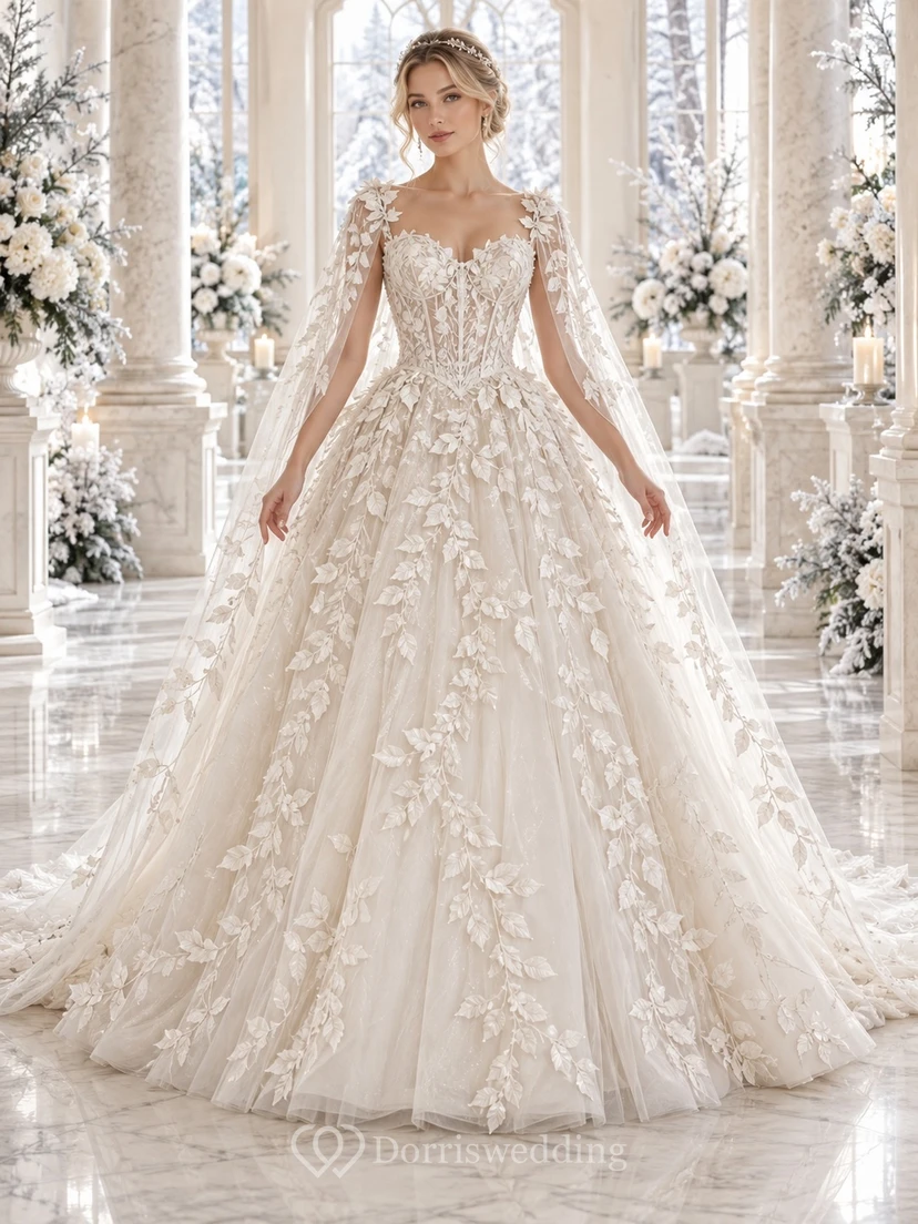 Vestido de novia de gala con capa de tul y encaje denso de hojas, estilo "Winter Sweetheart"