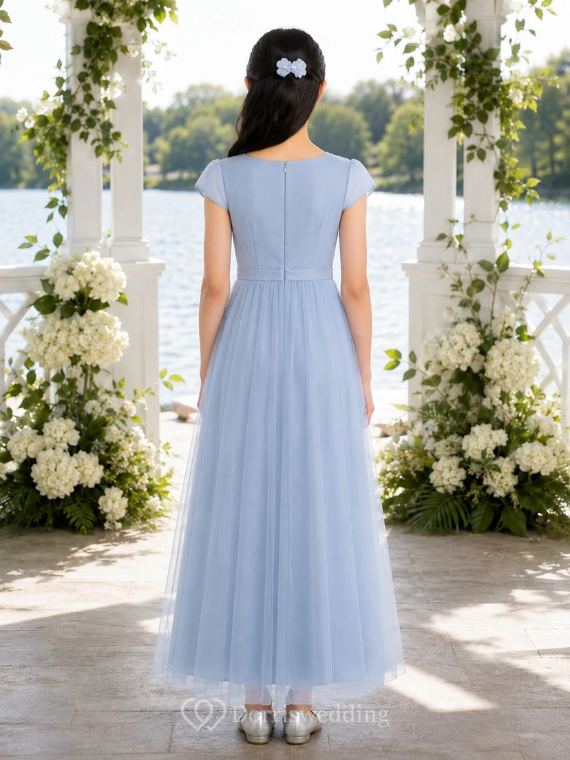Vestido de dama de honor juvenil azul cielo, corte en A, manga corta, largo hasta los tobillos, gasa elegante view 2