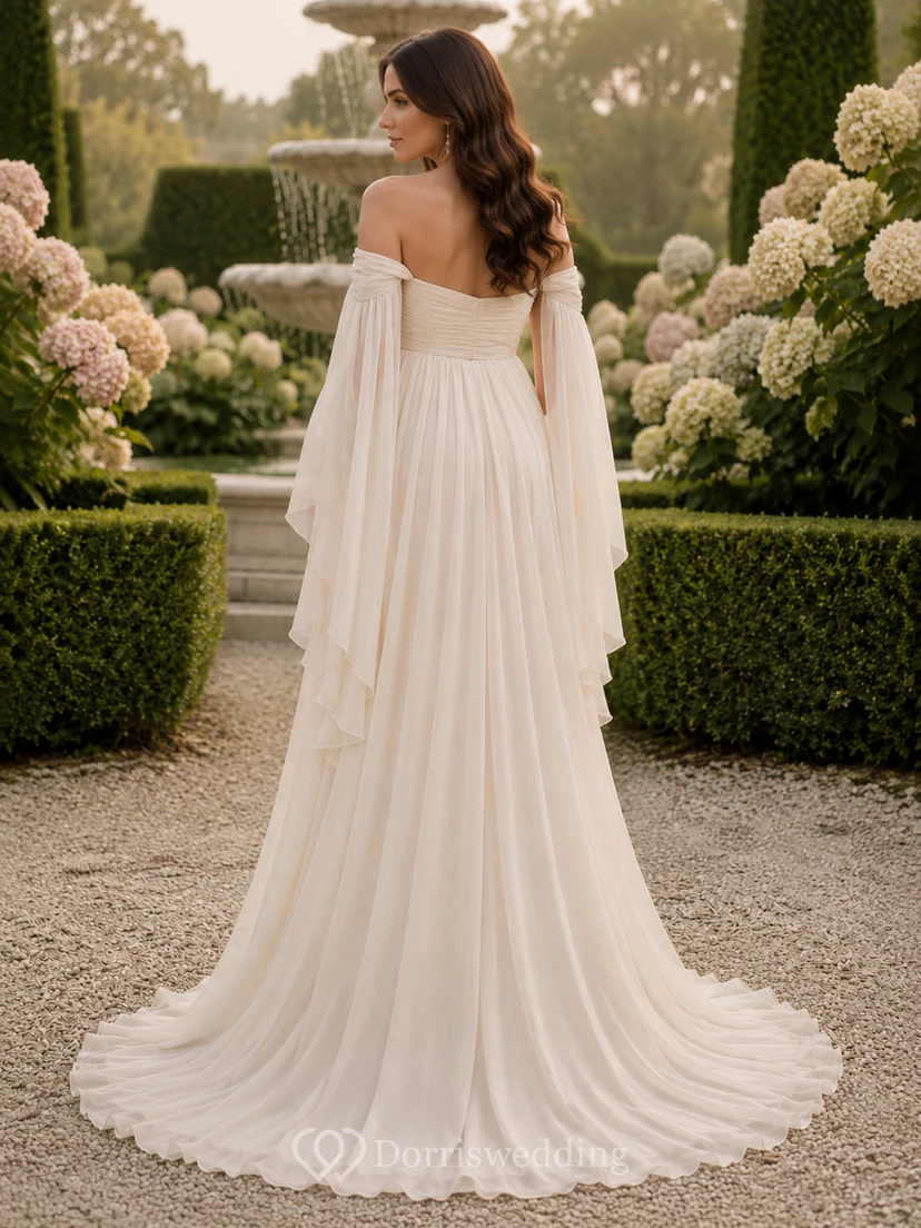 Umstandsbrautkleid, schulterfrei, drapiertes Chiffon-Gartenkleid mit weicher Schleppe view 2
