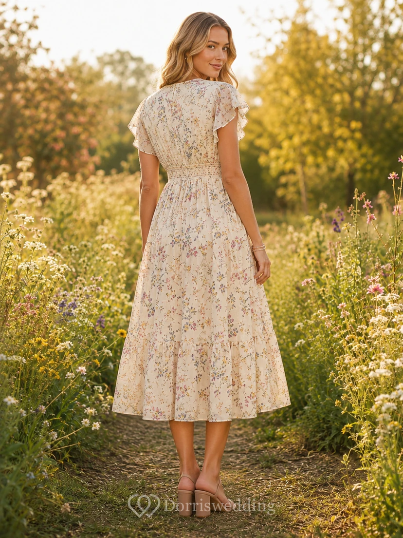 Soft Wildflower Print V-Neck Flutter Sleeve Midi Dress view 2