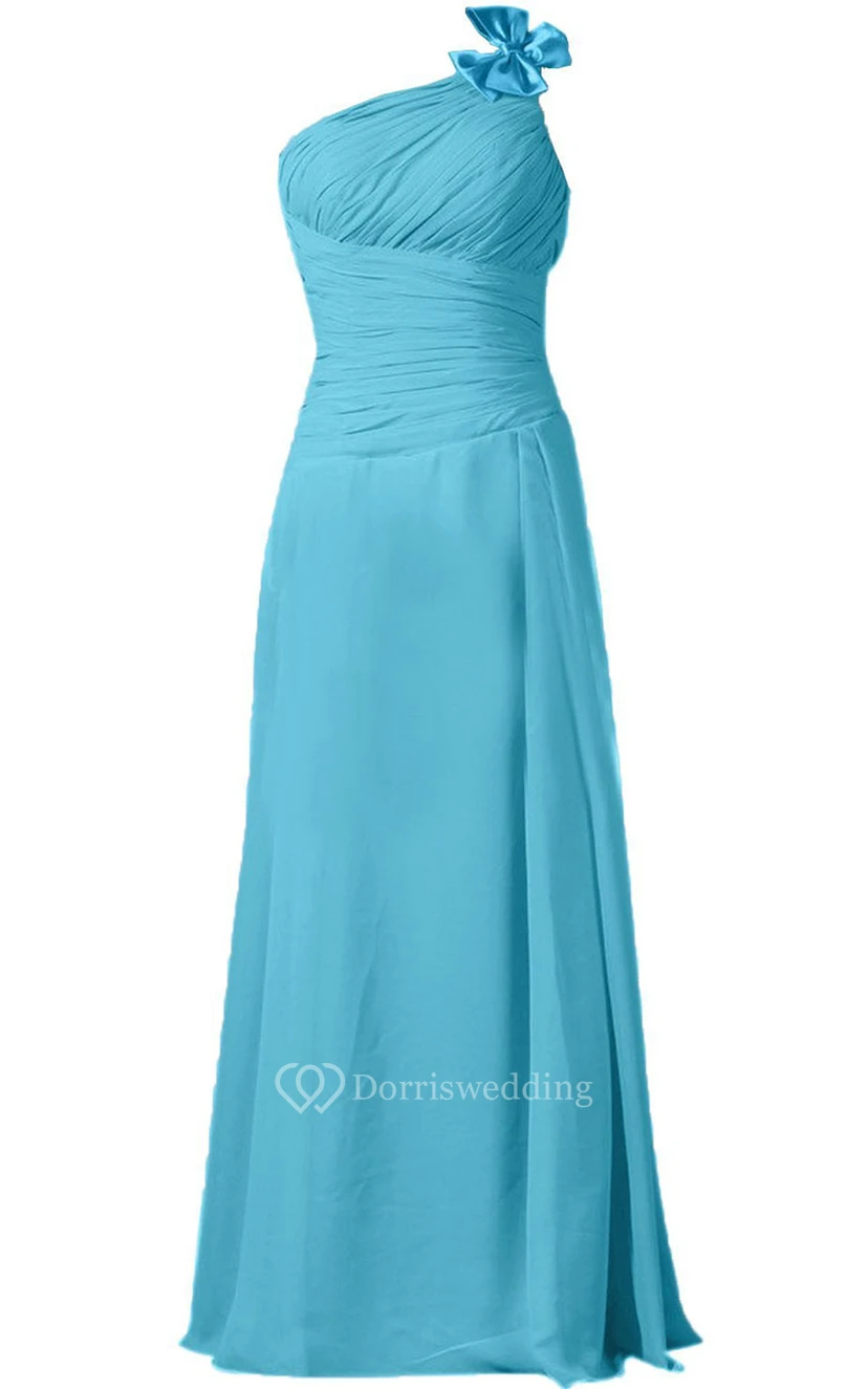 One-shoulder Ruched Chiffon A-line Gown With Bow view 6