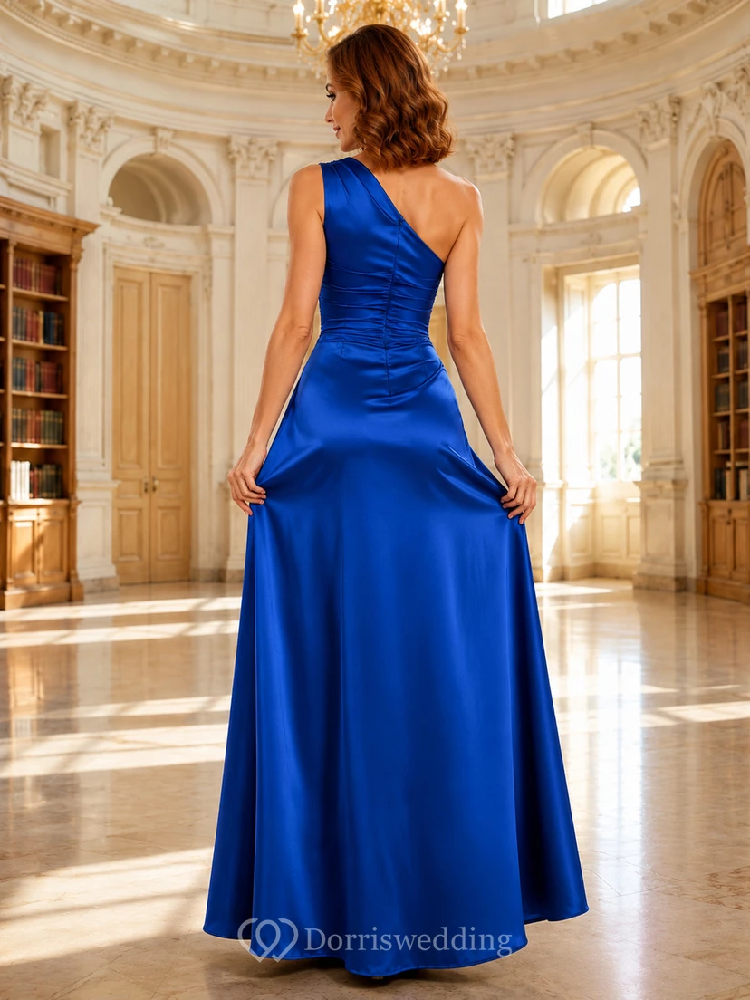 Royal blue satin one shoulder slit sheath gala gown view 2