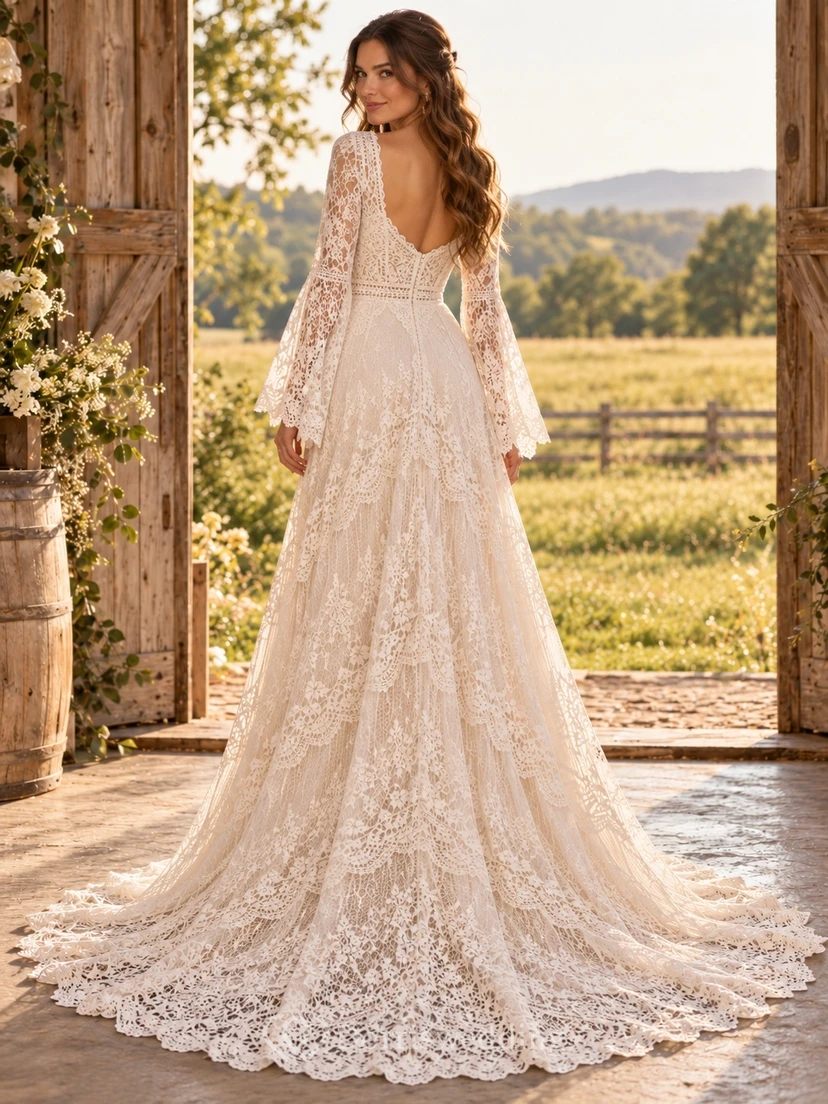 Boho Long Bell Sleeve Sweetheart Lace A-Line Train Wedding Dress view 2