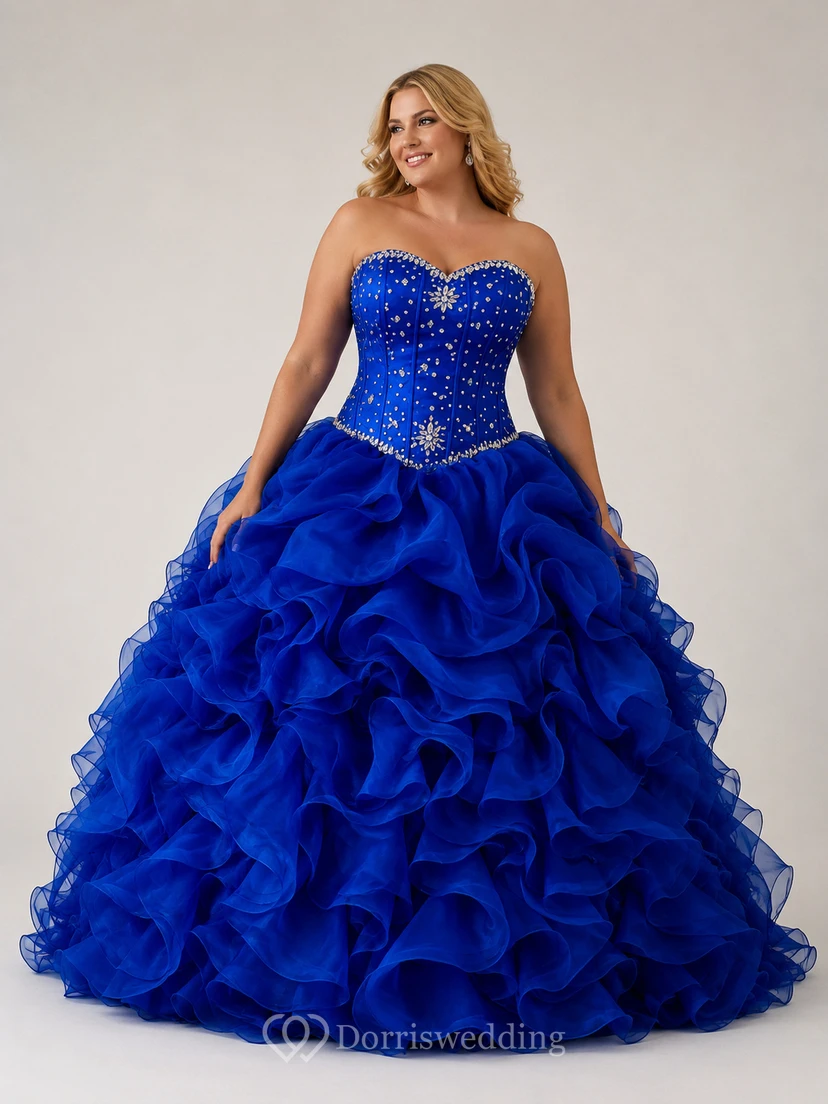 Vestido de gala largo hasta el suelo, escote corazón, sin mangas, volantes, lentejuelas y organza view 4