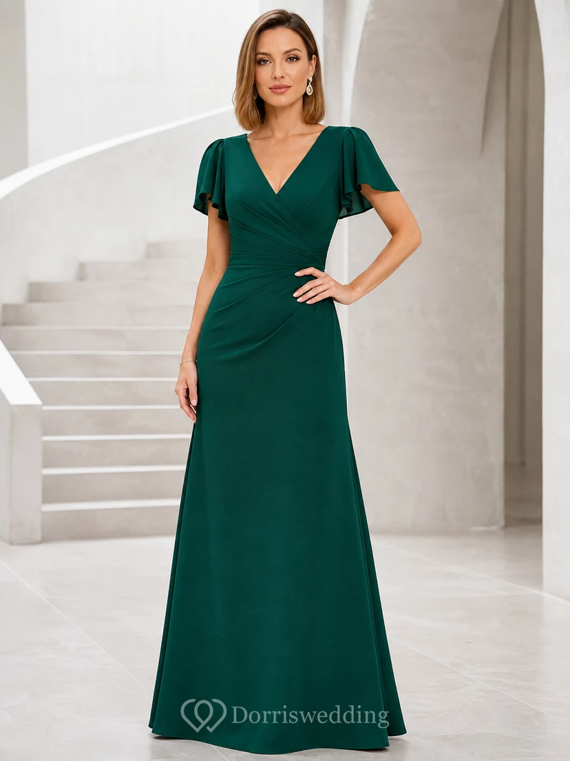 Vestido de noche formal largo hasta el suelo, de gasa plisada, con escote en V, mangas tipo pétalo y color verde oscuro.