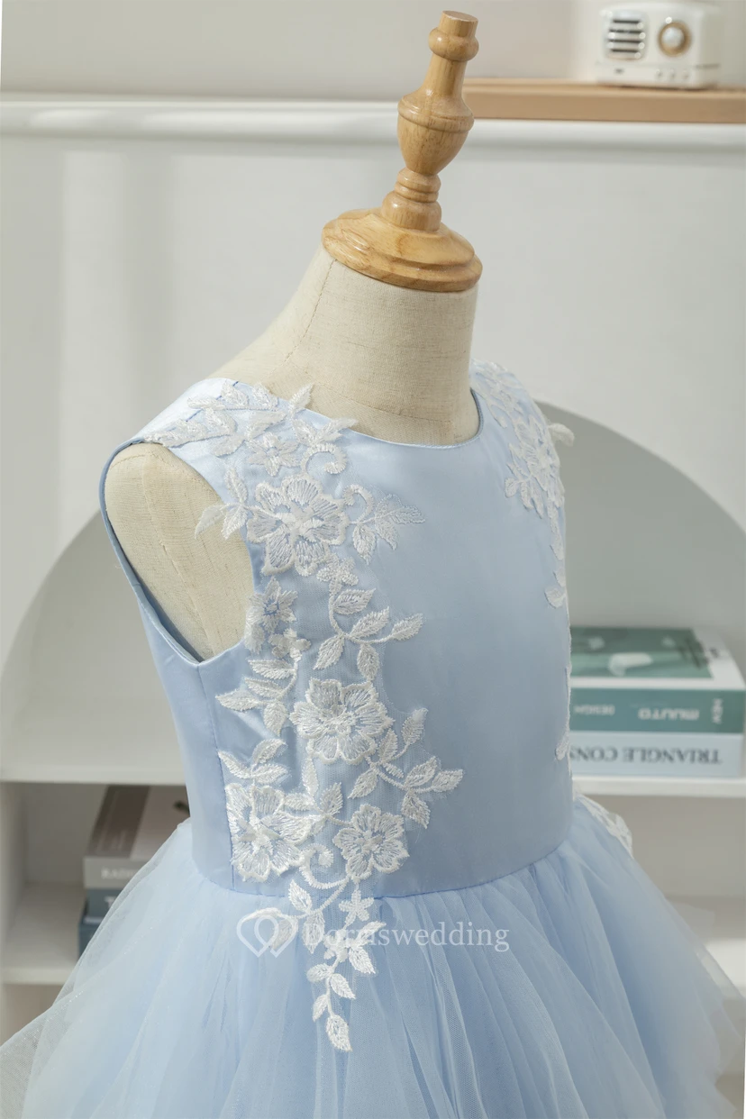 Sky Blue Scoop-neck Applique Ruffled Tulle Short Flowergirl Dress view 4