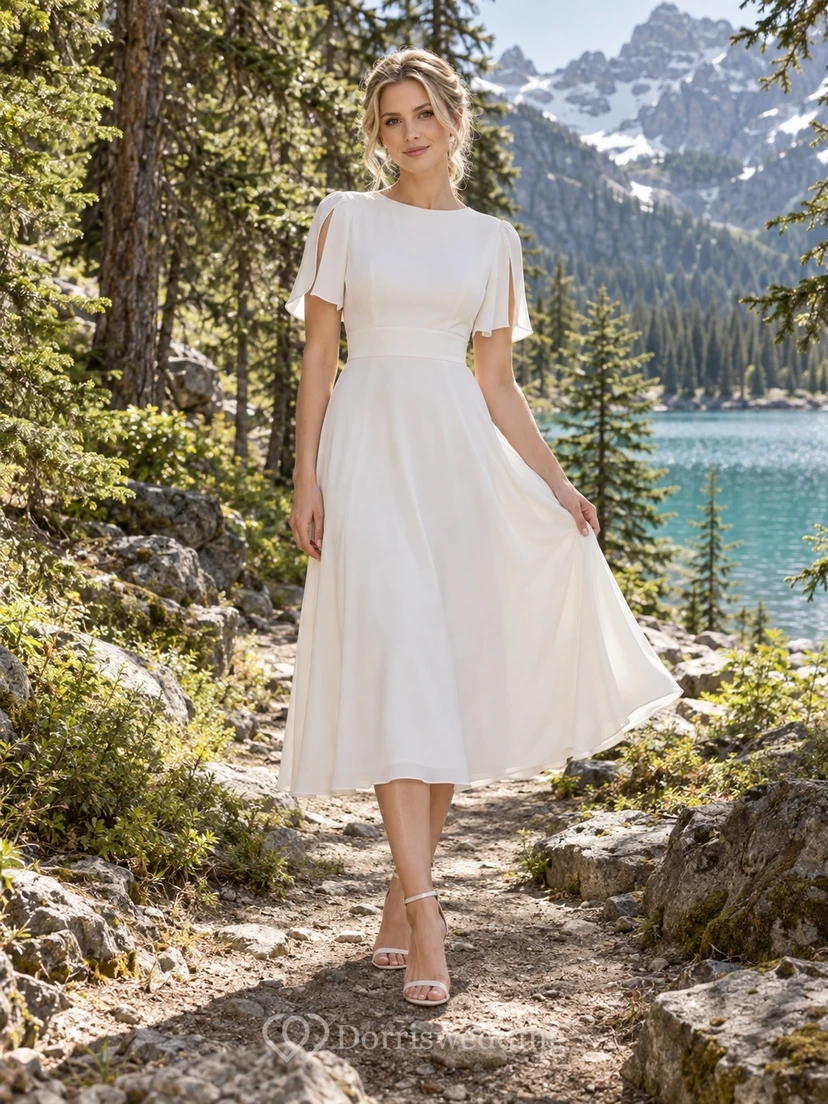 Sencillo vestido de novia de largo midi con escote barco, mangas cortas con abertura y falda en línea A.