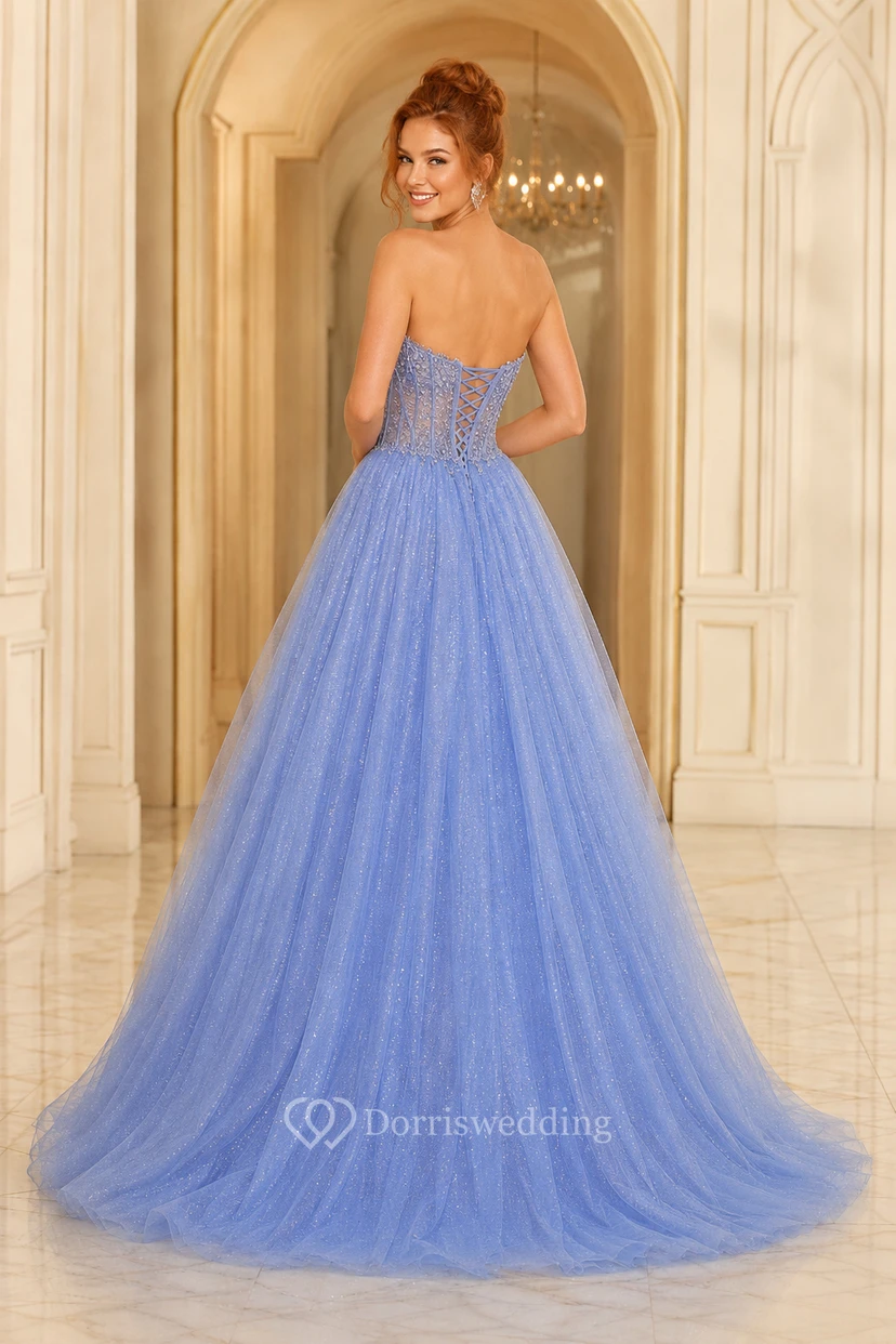 Himmelblaues, trägerloses Tüll-Ballkleid mit perlenbesetztem Spitzenoberteil view 2