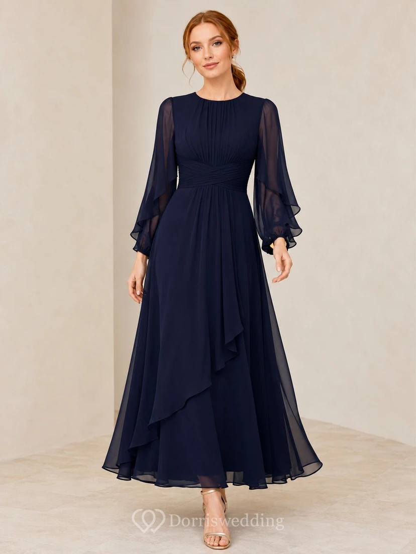 Modest Dark Navy Jewel Neck Long Bell Sleeve Chiffon A-Line Floor-Length Dress
