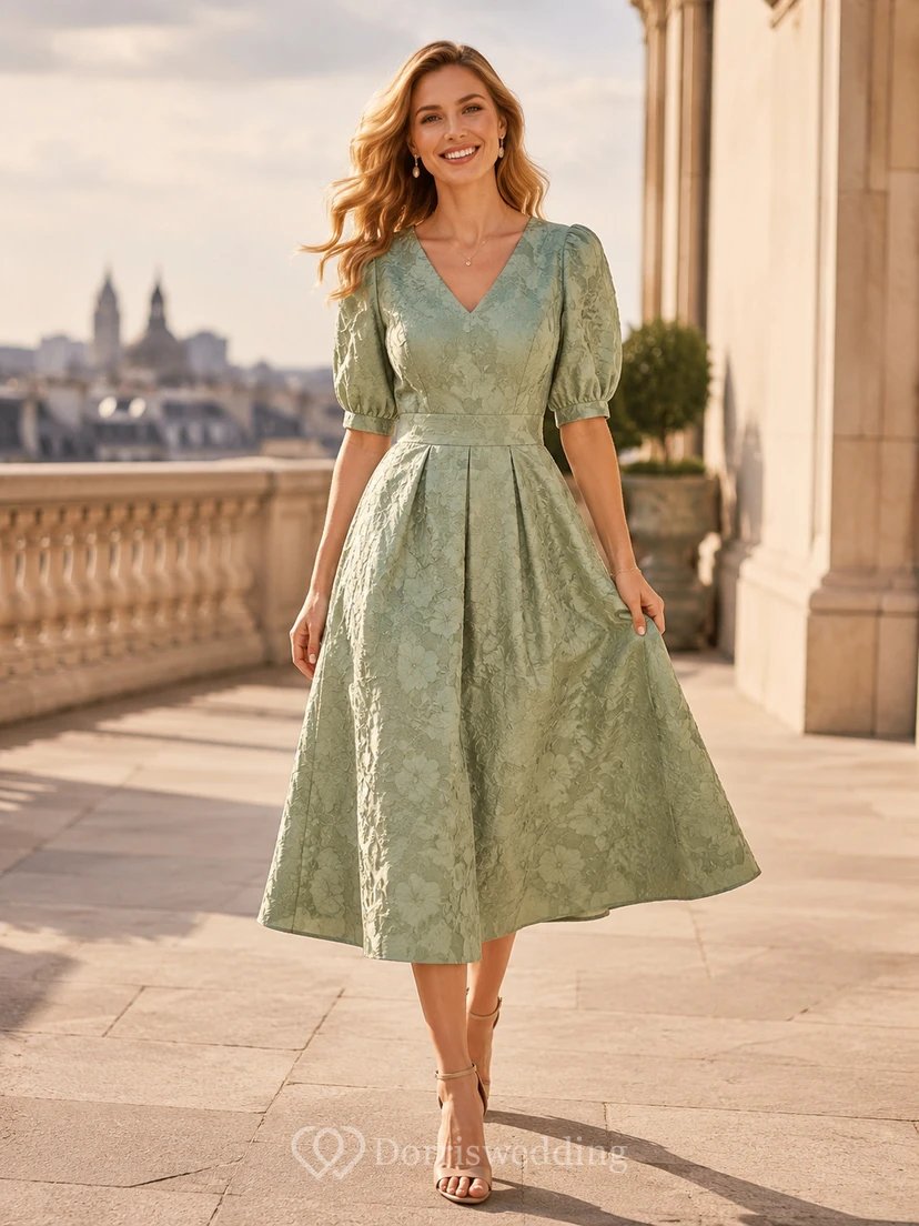 Sage V-neck Jacquard Flutter Sleeve Midi Dress