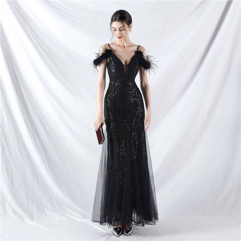 9-farbiges, handgefertigtes Abendkleid aus Kamelfedern, Netzstoff und Pailletten, sexy Trägern view 45