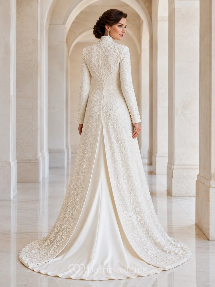 Elegantes Brautkleid mit hohem Ausschnitt aus Satin, raffiniertes Hochzeitskleid für den Ball view 2