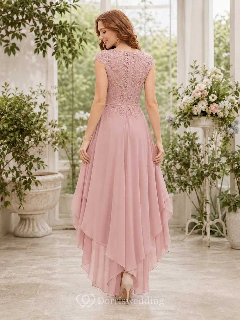 Cocktailkleid in Altrosa mit Spitzenärmeln, Stufenrock und Rüschen, asymmetrischem Saum und A-Linien-Schnitt view 2