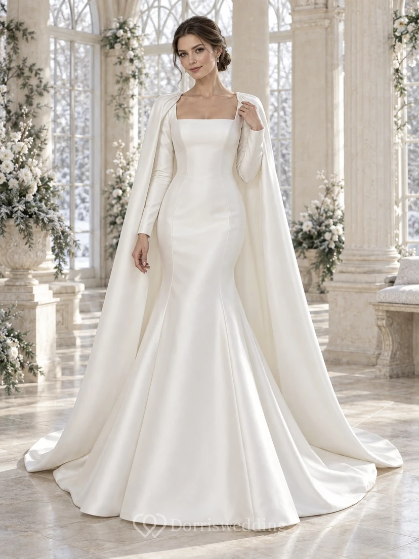 Mermaid Simple Long Sleeve Square Neck Winter Structured Satin Cape Wedding Dress