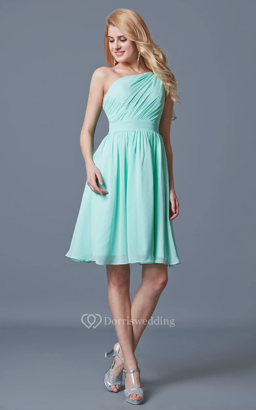 Sassy One Shoulder Pleated Short Chiffon Dress With Bow view 2