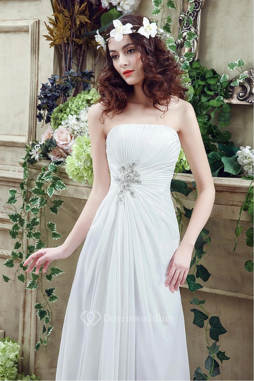 Newest Strapless White Beadings Modest Wedding Dress A-line Sweep Train view 5