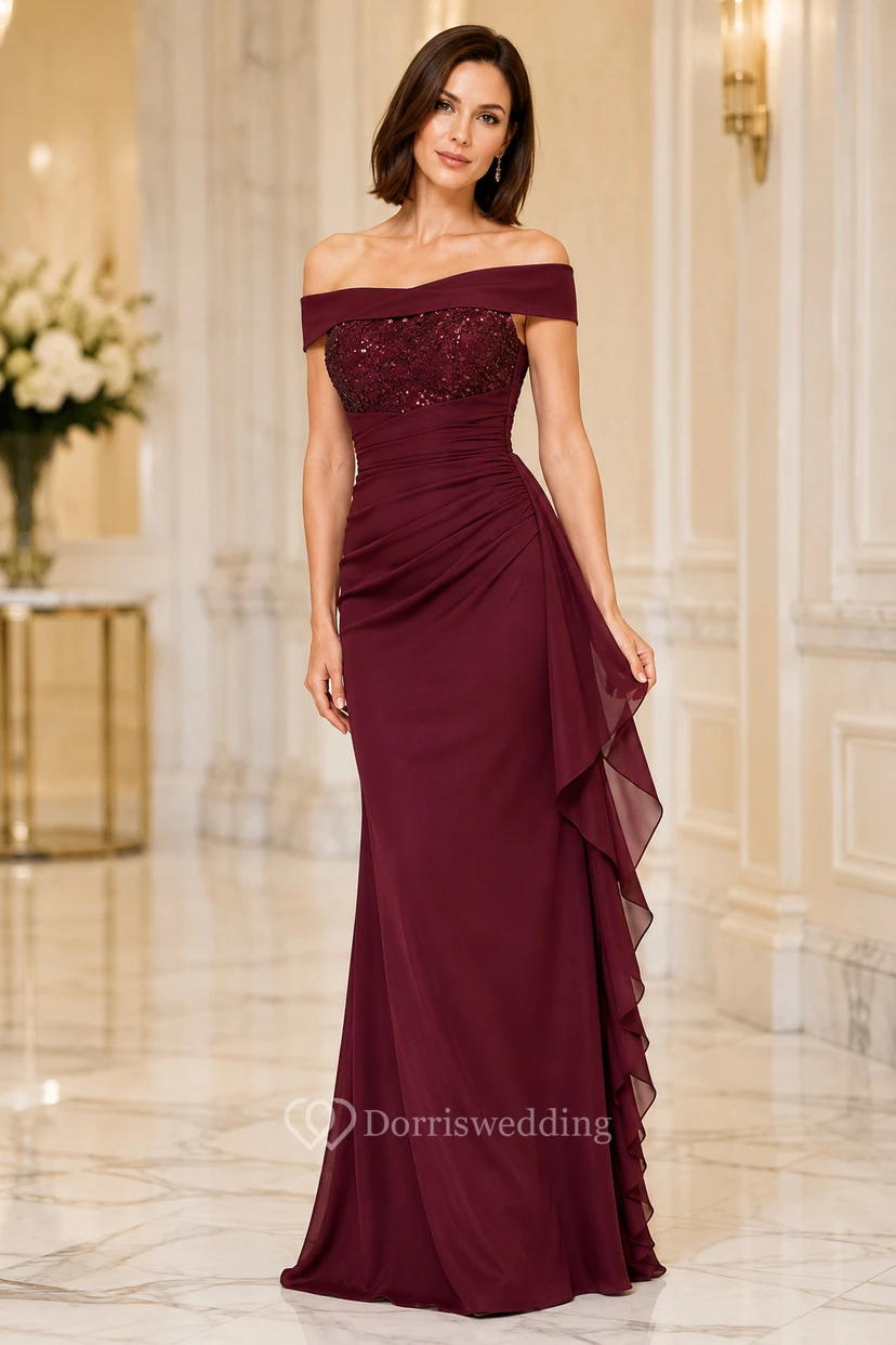 Burgunderfarbenes schulterfreies Chiffonkleid mit Paillettenoberteil für Mütter und festliche Anlässe