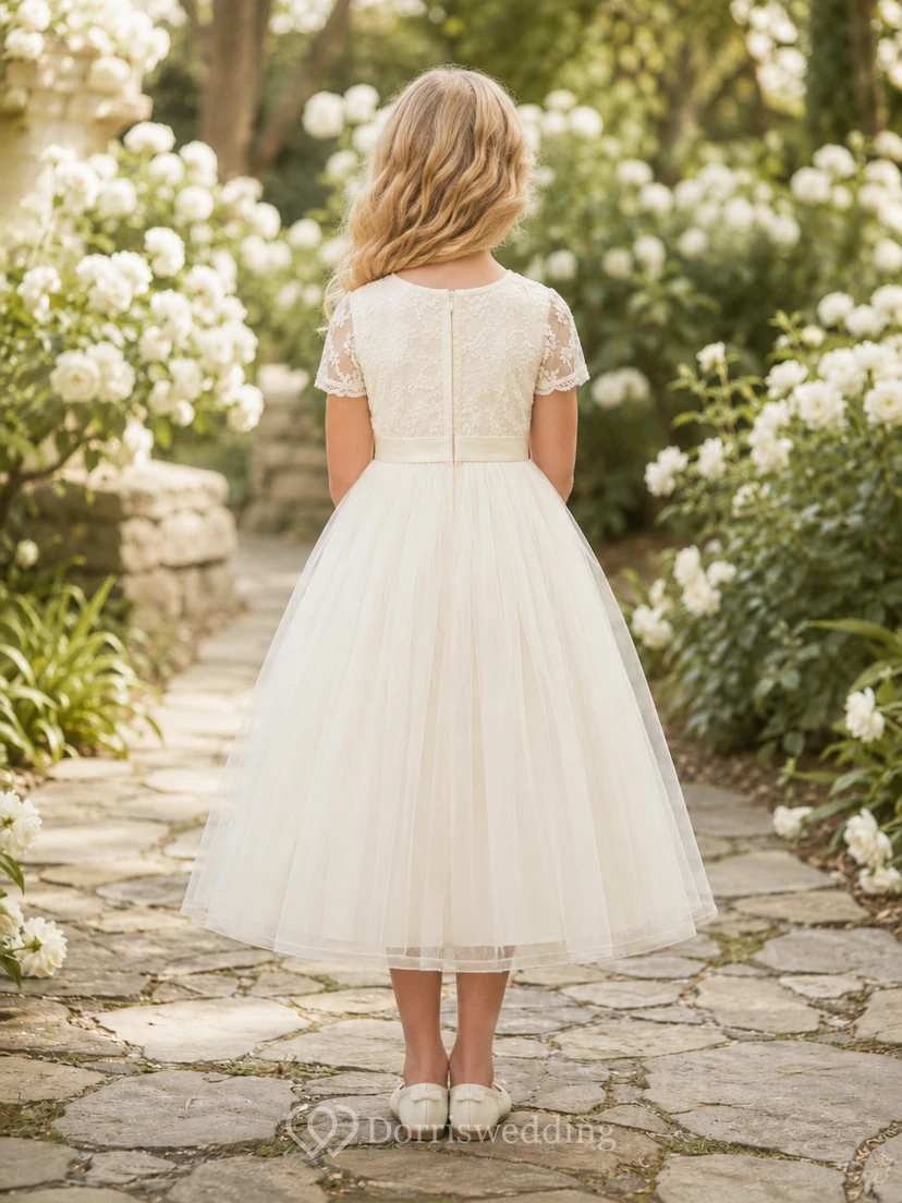 Blumenmädchenkleid aus elfenbeinfarbener Spitze und Tüll, A-Linie, Rundhalsausschnitt, Teelänge view 2