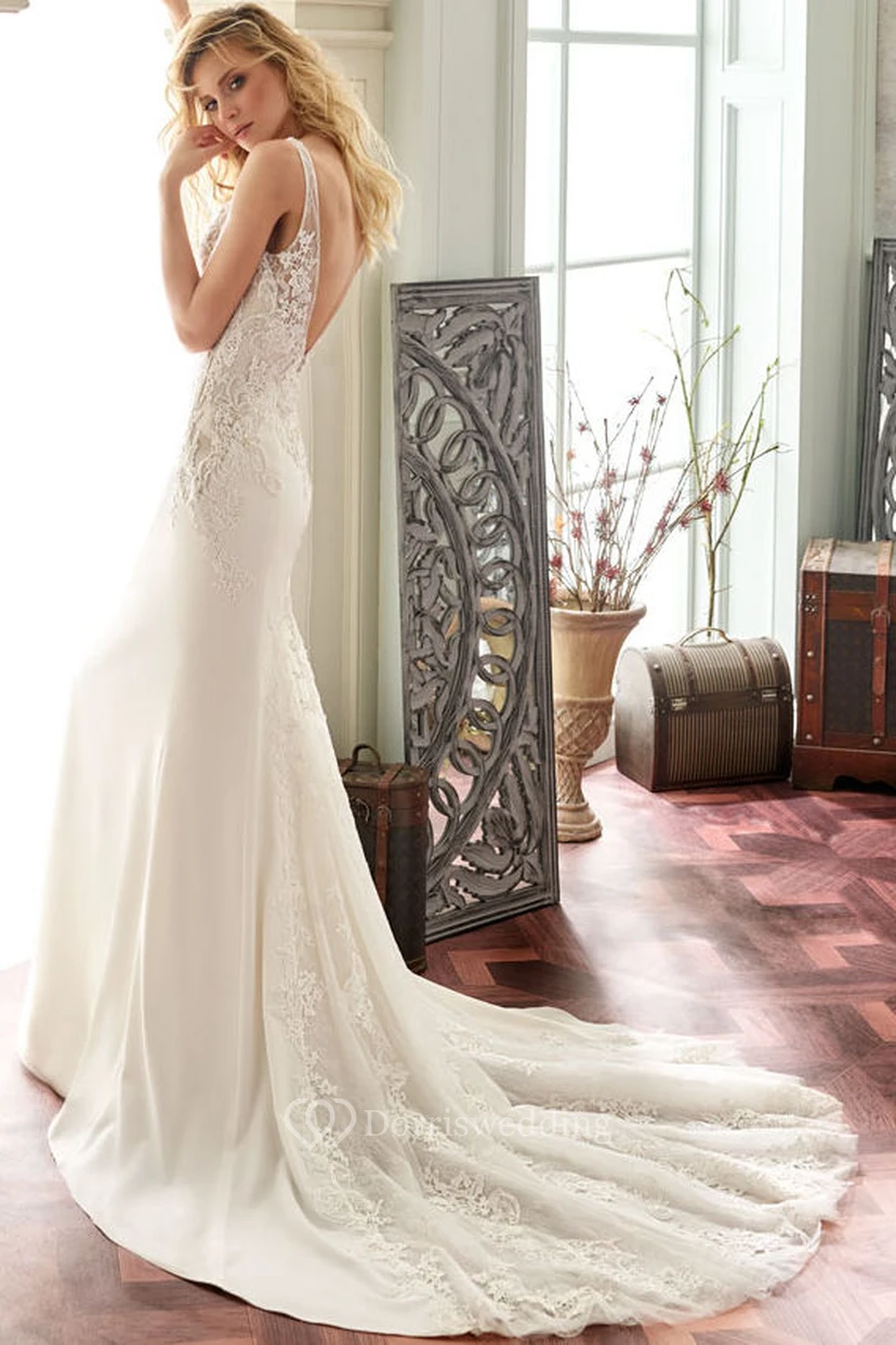 V-Neck Maxi Appliqued Chiffon Wedding Dress With Sweep Train And V Back view 4