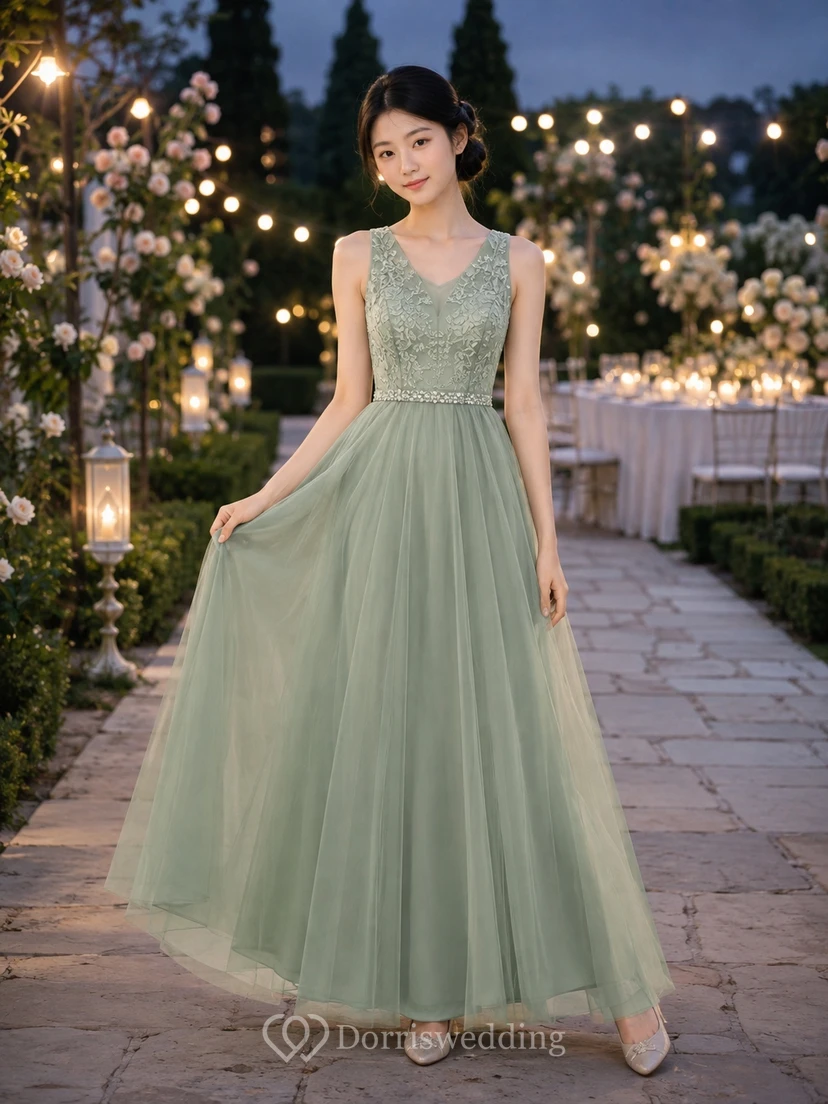 Celadonfarbenes Brautjungfernkleid für junge Mädchen, A-Linie, Rundhalsausschnitt, ärmellos, elegant, aus Tüll