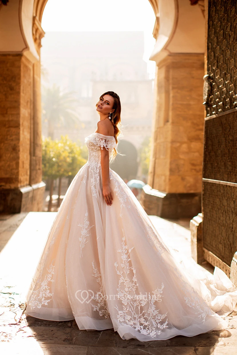 Schulterfreies Empire-Ballkleid aus Tüll mit Spitzenapplikationen view 3