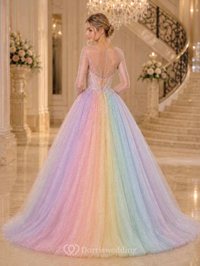 Pastel Rainbow Illusion Long Sleeve Beaded Tulle Ball Gown Floor-Length Dress view 2