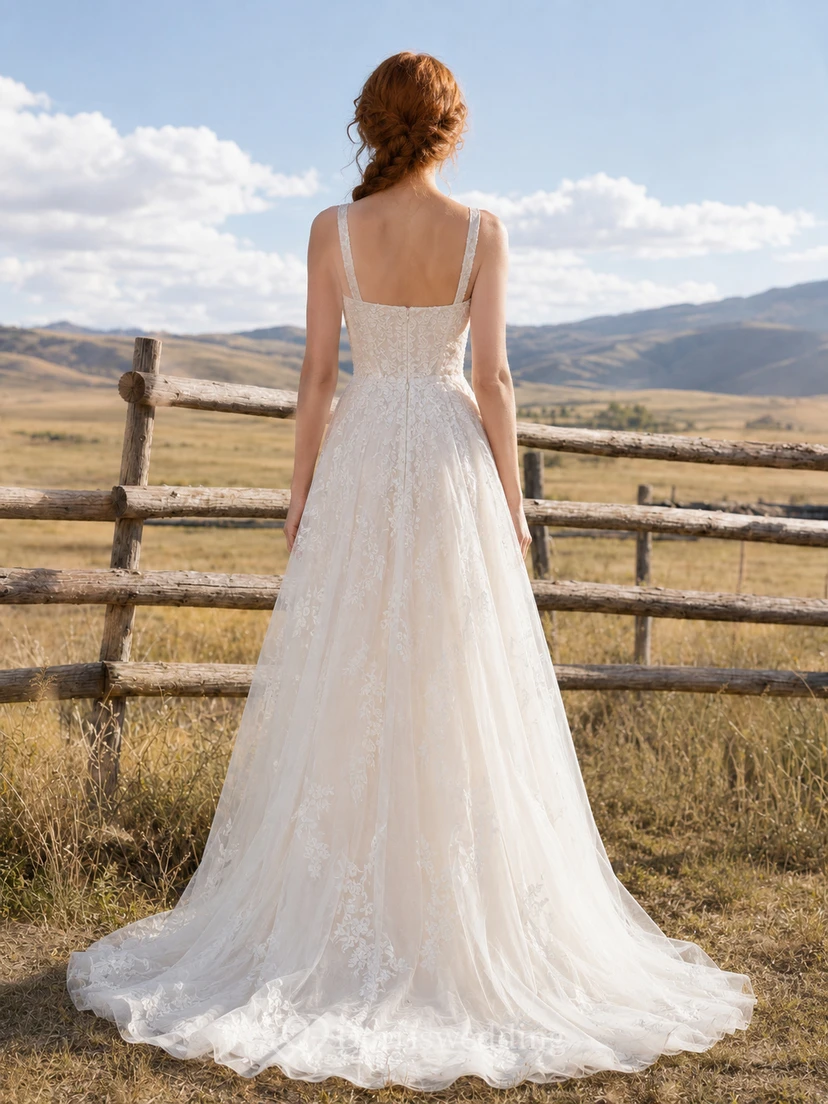 Square Neck A-Line Wedding Dress with Spaghetti Straps and Lace Sweep Train Romantic Bohemian Tulle view 2