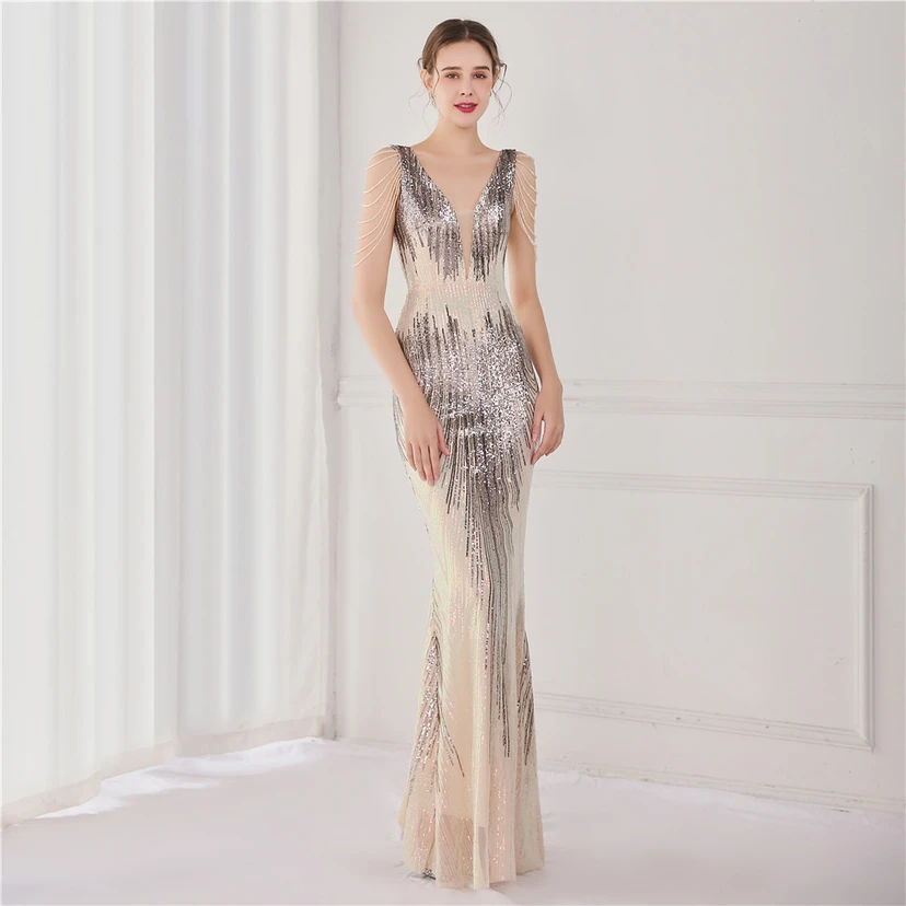 Vestido largo de lentejuelas con cola de pez, ideal para eventos, banquetes, eventos de celebridades y eventos de moda. Vestido de noche con etiqueta para modelos de automóviles. view 37